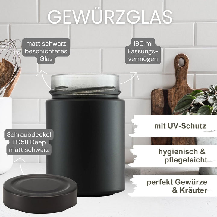 mikken 6 Gewürzgläser 190ml matt schwarz mit Schraubdeckel und Etiketten