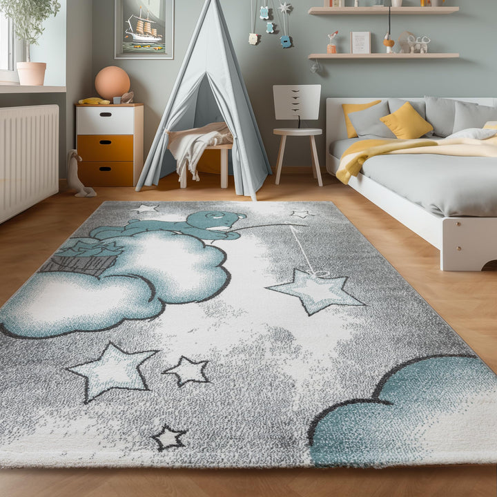 SIMPEX Teppich Kinderzimmer Bär-Himmel Wolken Sterne Design Kurzflor Kinderteppich mädchen Spieltepp