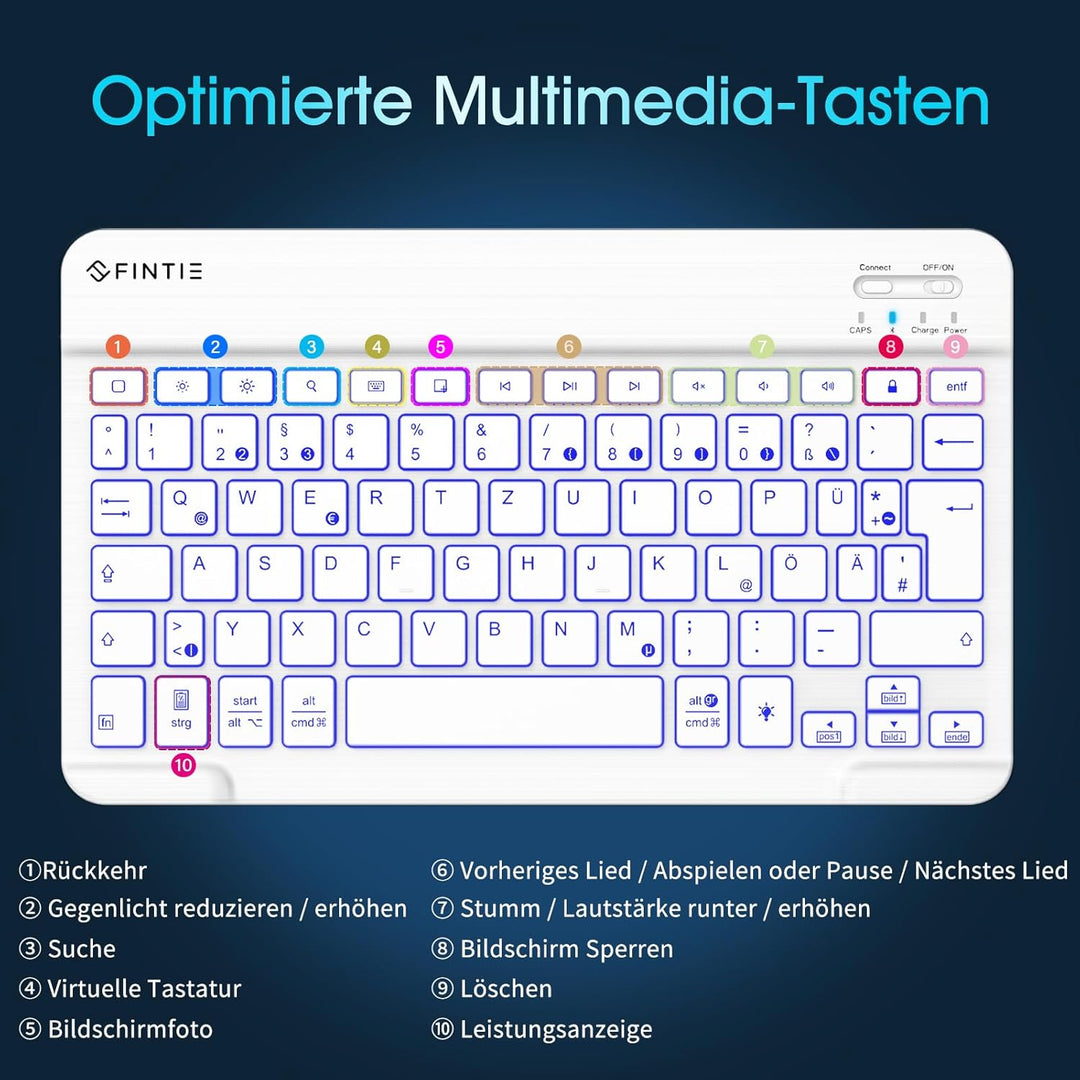 Fintie Bluetooth Tastatur mit Hintergrundbeleuchtung in 7 Farben, iPad Tastatur mit deutschem Layout
