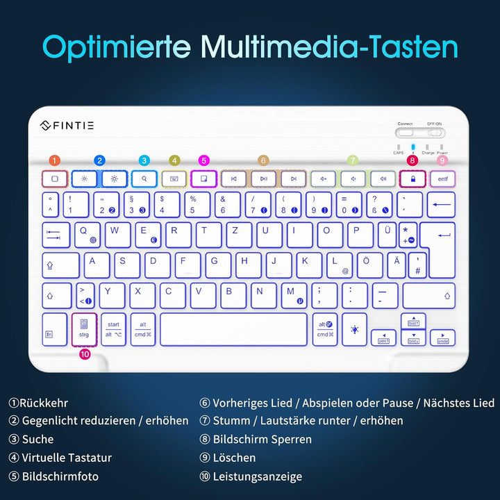 Fintie Bluetooth Tastatur mit Hintergrundbeleuchtung in 7 Farben, iPad Tastatur mit deutschem Layout