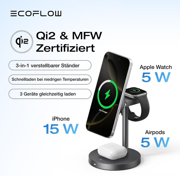 EcoFlow 3 in 1 Qi2 Magsafe Apple Ladestation mit Verstellbarer Ständer, Kabellose iPhone Ladestation