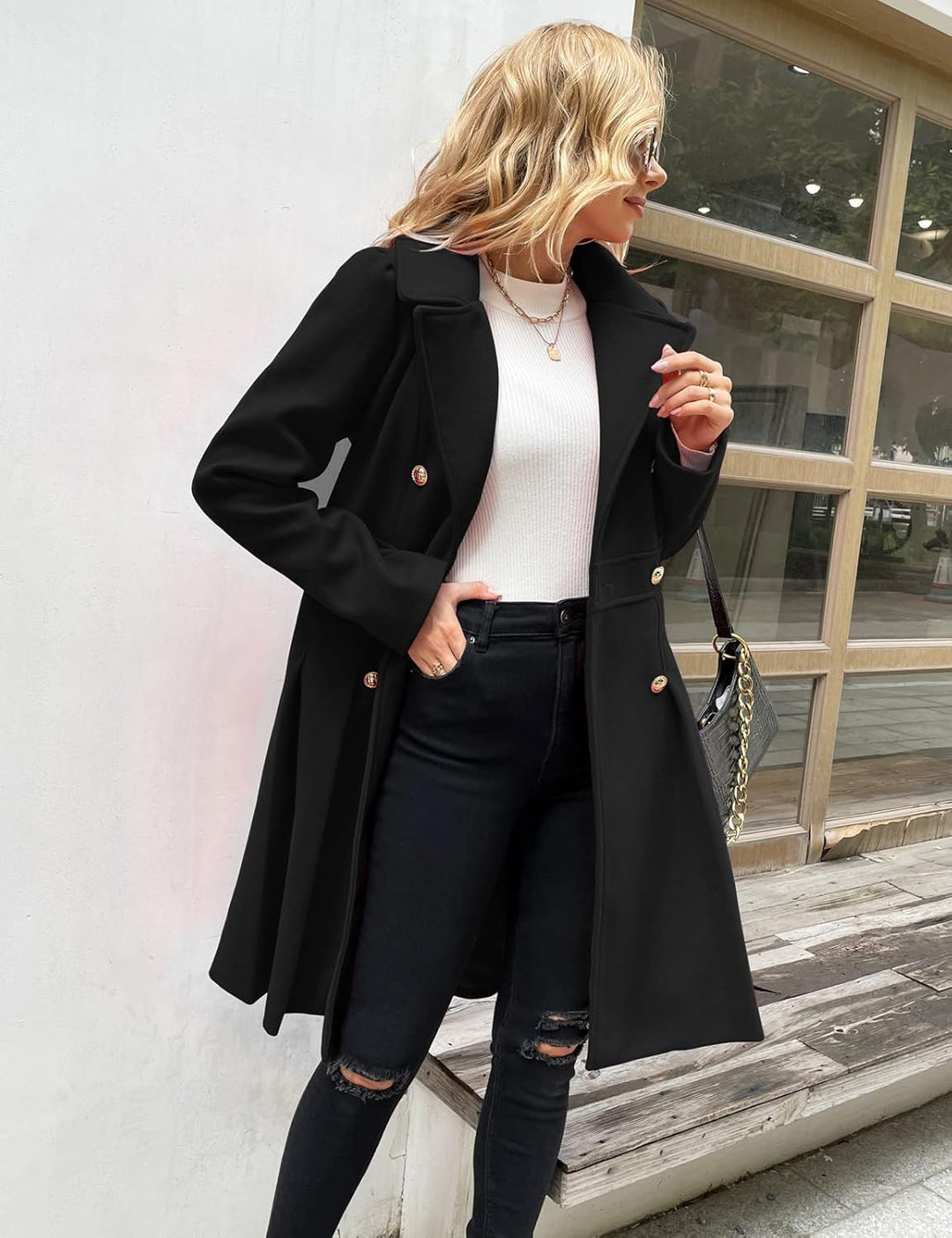 GRACE KARIN Damen Mantel Wintercoat Revers Zweireihiger Mantel Knielang Trenchcoat Winter Lang A-Lin