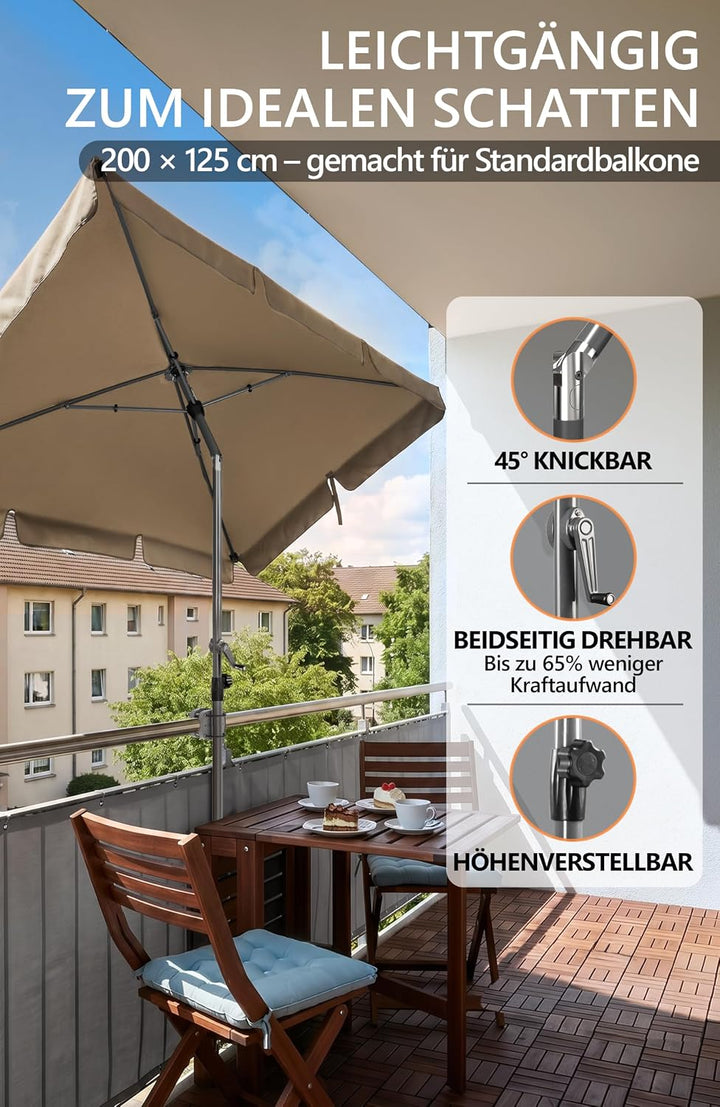 Menz Balkonschirm mit Kurbel, Sonnenschirm rechteckig 200x125 cm, Sonnenschirm Balkon, UV 50+ Sonnen