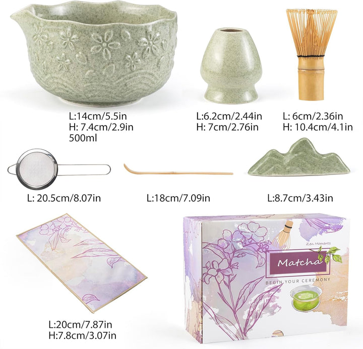 7PCS Matcha Set，500ML Ceramic Matcha Bowl with Spout，Matcha Broom and Holder, Bamboo Scoop, Stainles