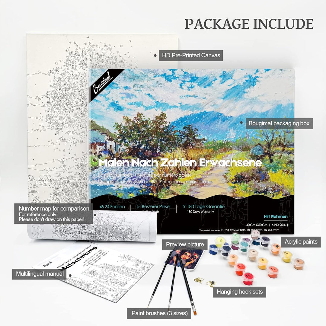 Bougimal Malen Nach Zahlen Erwachsene Landschaft Mit Rahmen inklusive Pinsel und Acrylfarben - 40 x