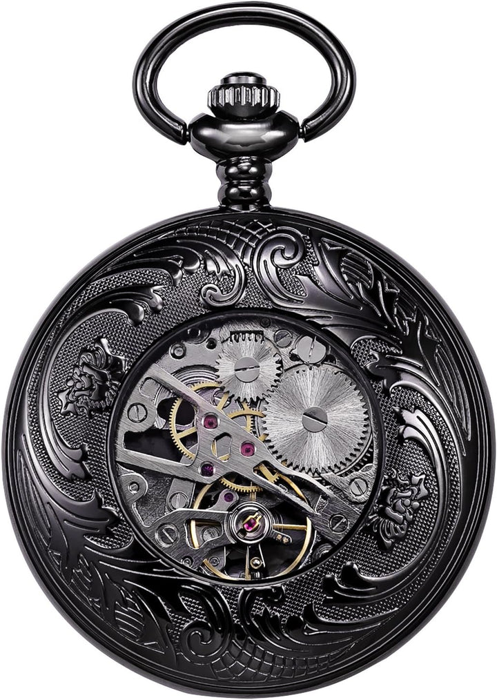 Treeweto Vintage Taschenuhr, mechanisch, doppelter Abdeckung, hohles Gehäuse, Skelett, Steampunk, Hi