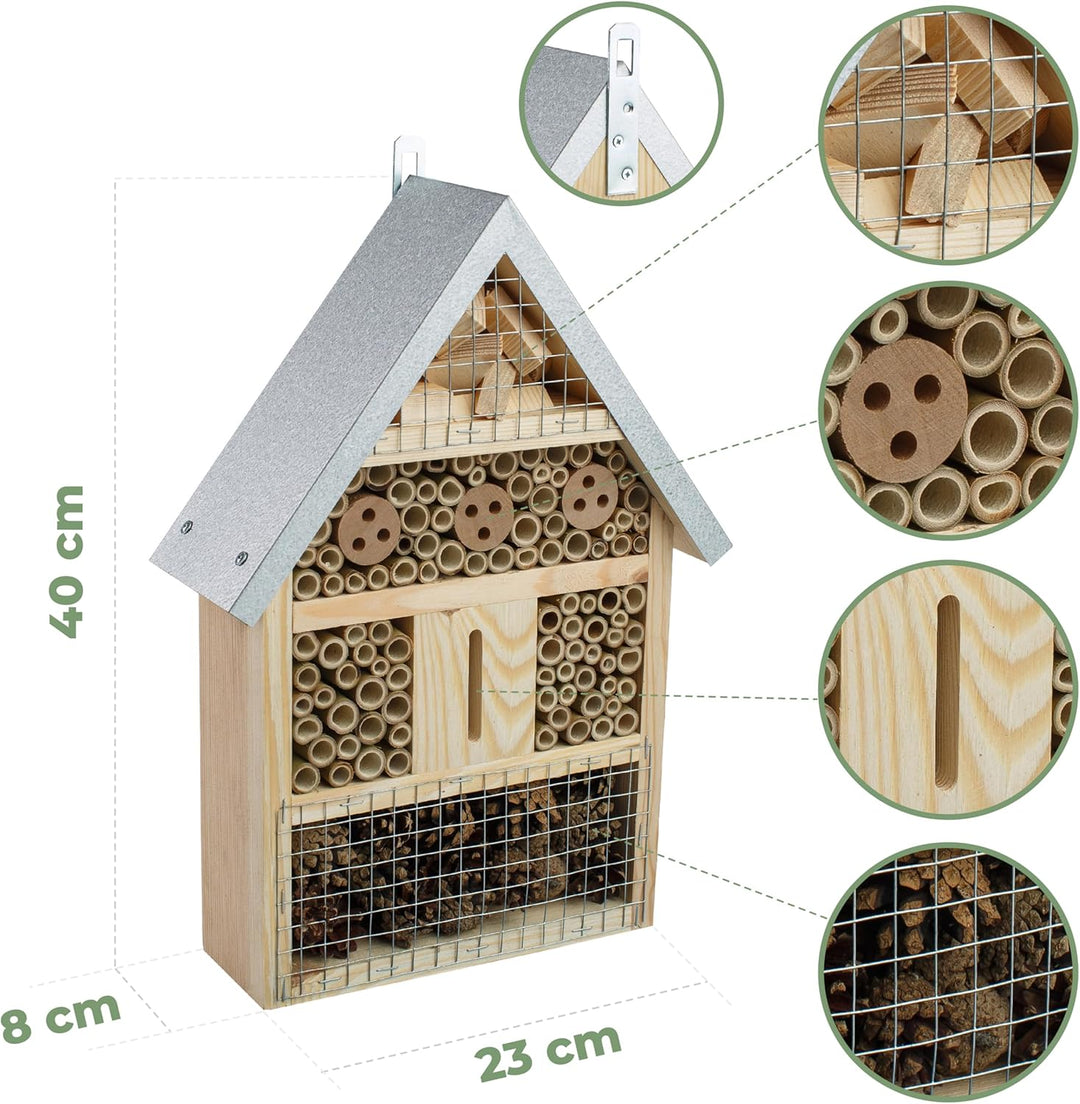 BOGATECO Gross Insektenhotel Bienenhotel aus Naturholz & Metall, zum Aufhängen für Bienen, Marienkäf