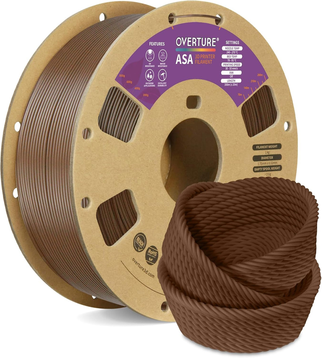 OVERTURE ASA Filament 1.75mm, Spule 1kg (2.2lbs), Massgenauigkeit +/- 0.03 mm, für 3D Drucker (Braun
