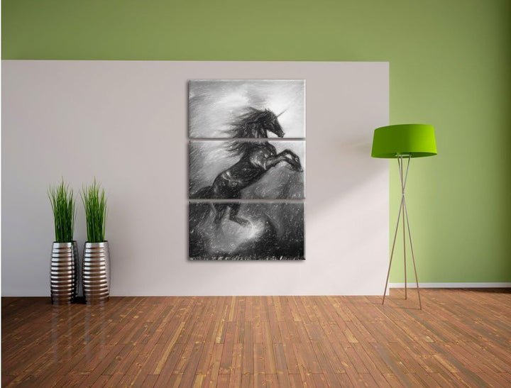 Pixxprint Traumhaftes schwarzes Einhorn Kohle Zeichnung Effekt 3-Teiler Leinwandbild 120x80 Bild auf