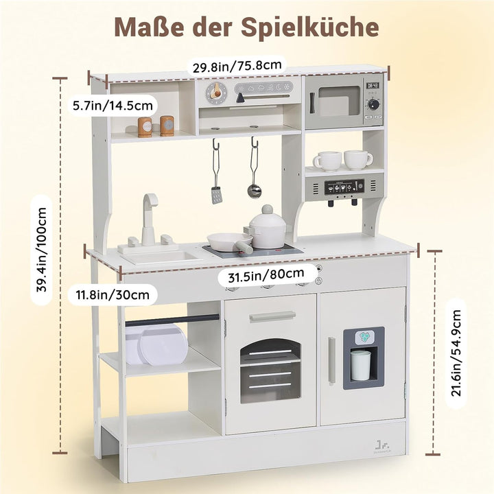 SainSmart Jr. Kinderküche Holz Spielküche für Kinder, Creme – mit Licht & Sound, Eiswürfelspender, M