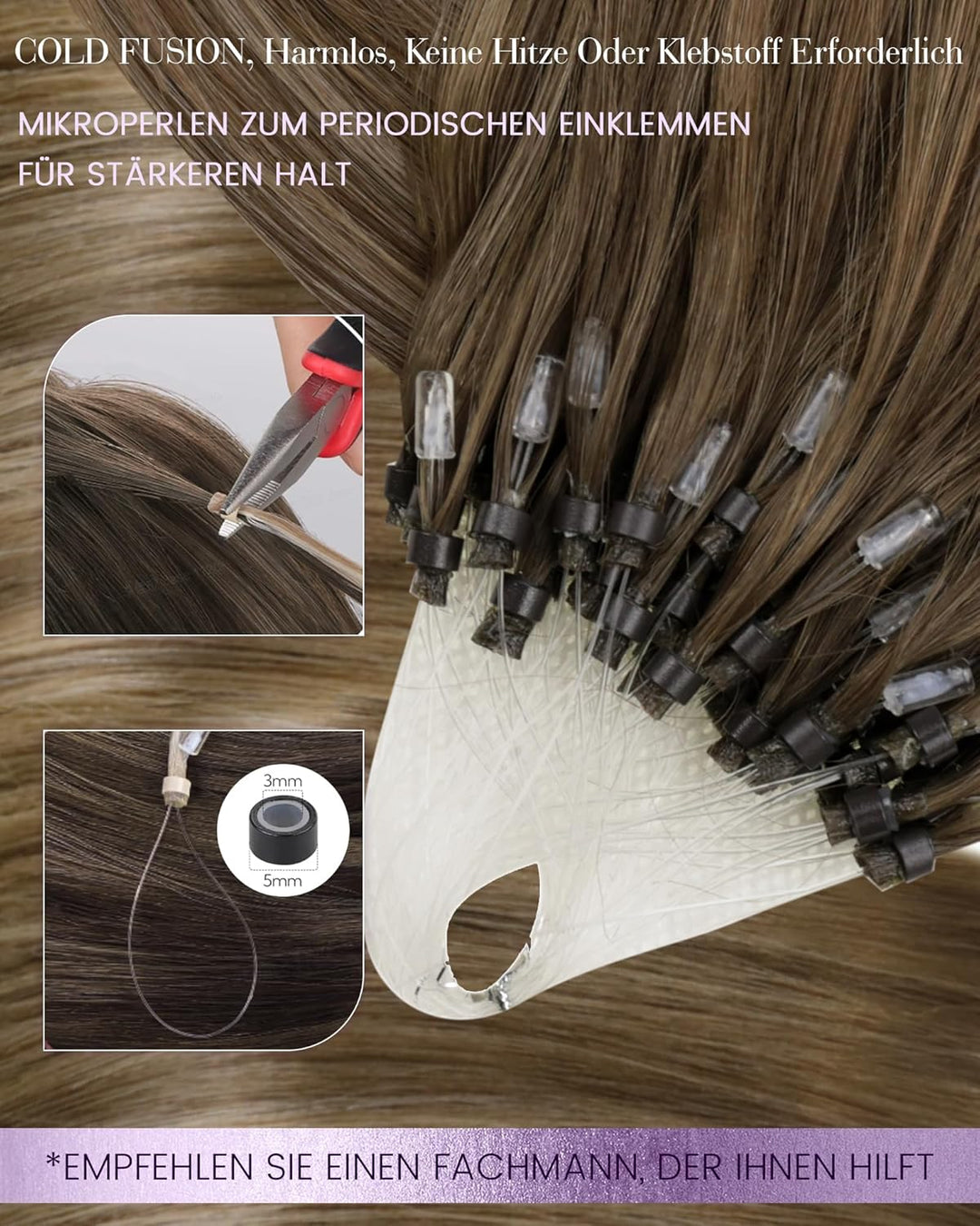 LaaVoo Microring Extensions Echthaar Balayage Hellbraun Ombre Goldblond Cold Fusion Echthaar Extensi