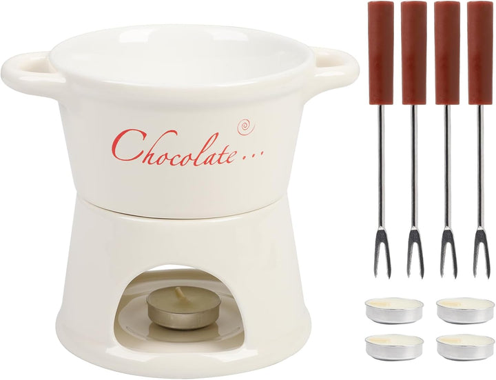 BigKing Schokoladen- und Käse-Tiegel, 300 ml, Schokoladenfondue aus Keramik mit 4 Gabeln und 4 Teeli