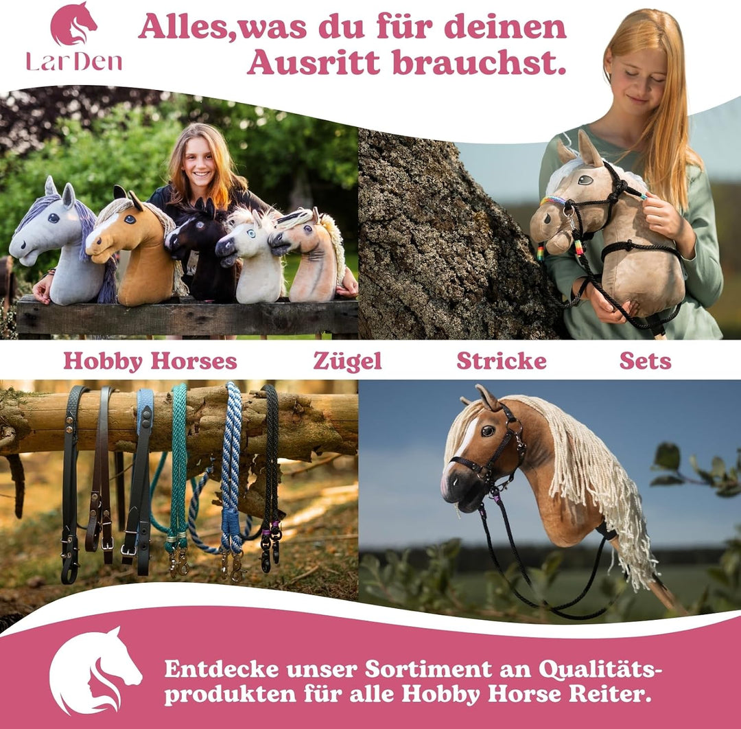 LarDen Hobby Horse Zubehör SeilSet - Halfter mit Zügel &amp; Halsring für Steckenpferd - Braun, Rot - St