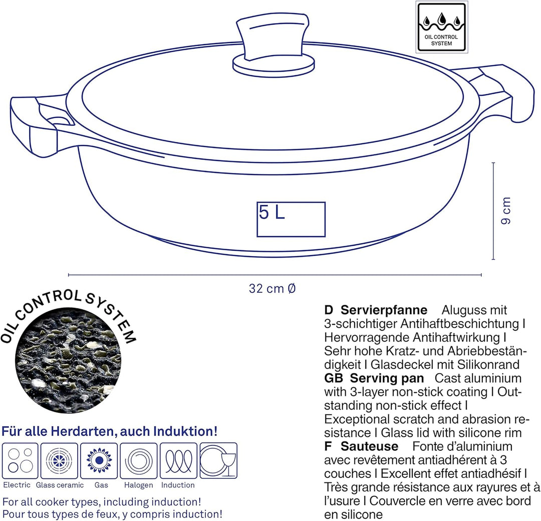 kela Servierpfanne Stella Nova, Ø 32 cm, 5 L, Aluguss, Allherdboden, antihaftbeschichtet, mit Glasde