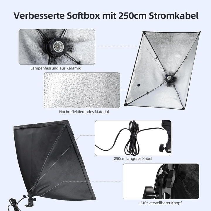 Softbox Fotostudio Set,FGen Fotolicht 2x50x70cm Beleuchtung für Fotostudios mit E27 Sockel 135W 5500