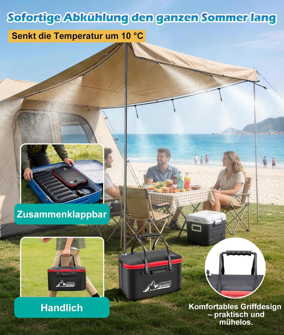 WADEO Sprühnebel Kühlung Nebelkühlsystem mit 6000-mAh-Pumpe, 22-Liter-Wassereimer, 8 m Schlauch, 8 M