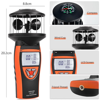 Digital Wind Cup Anemometer, Handheld Windmesser XF-878 Hoher Genauigkeit Wind Gauge Misst MAX/MIN/A