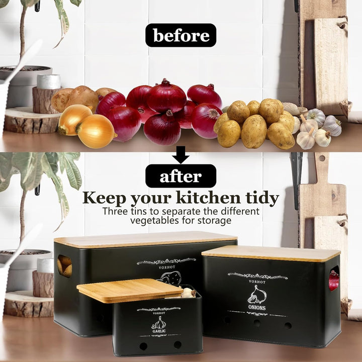 Kartoffel Aufbewahrungsbox, 3er Set Zwiebel Kartoffel Knoblauch Aufbewahrung, Kartoffelbox mit Decke