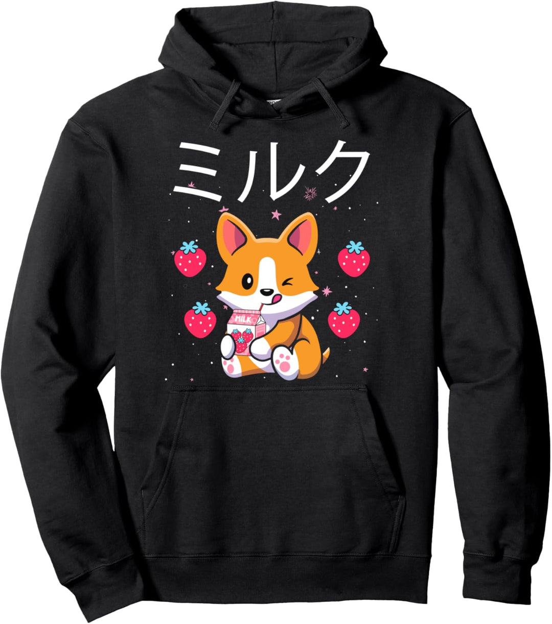 Corgi Strawberry Milk Japanische Ästhetik Pullover Hoodie