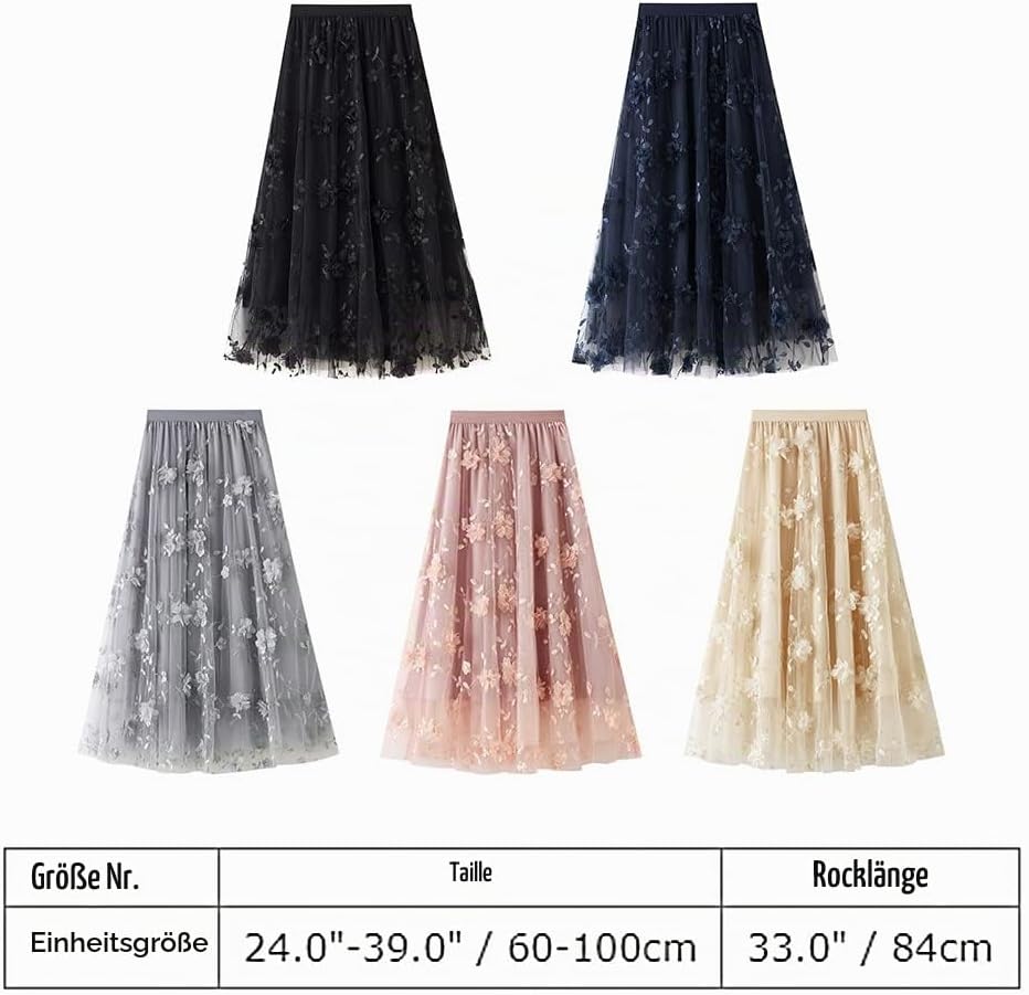 Odizli Tüllrock Damen Lang Elegant Vintage Blume Stickerei Elastisch High Waist A Linie Swing Midi R