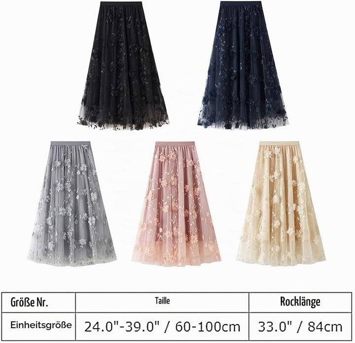 Odizli Tüllrock Damen Lang Elegant Vintage Blume Stickerei Elastisch High Waist A Linie Swing Midi R