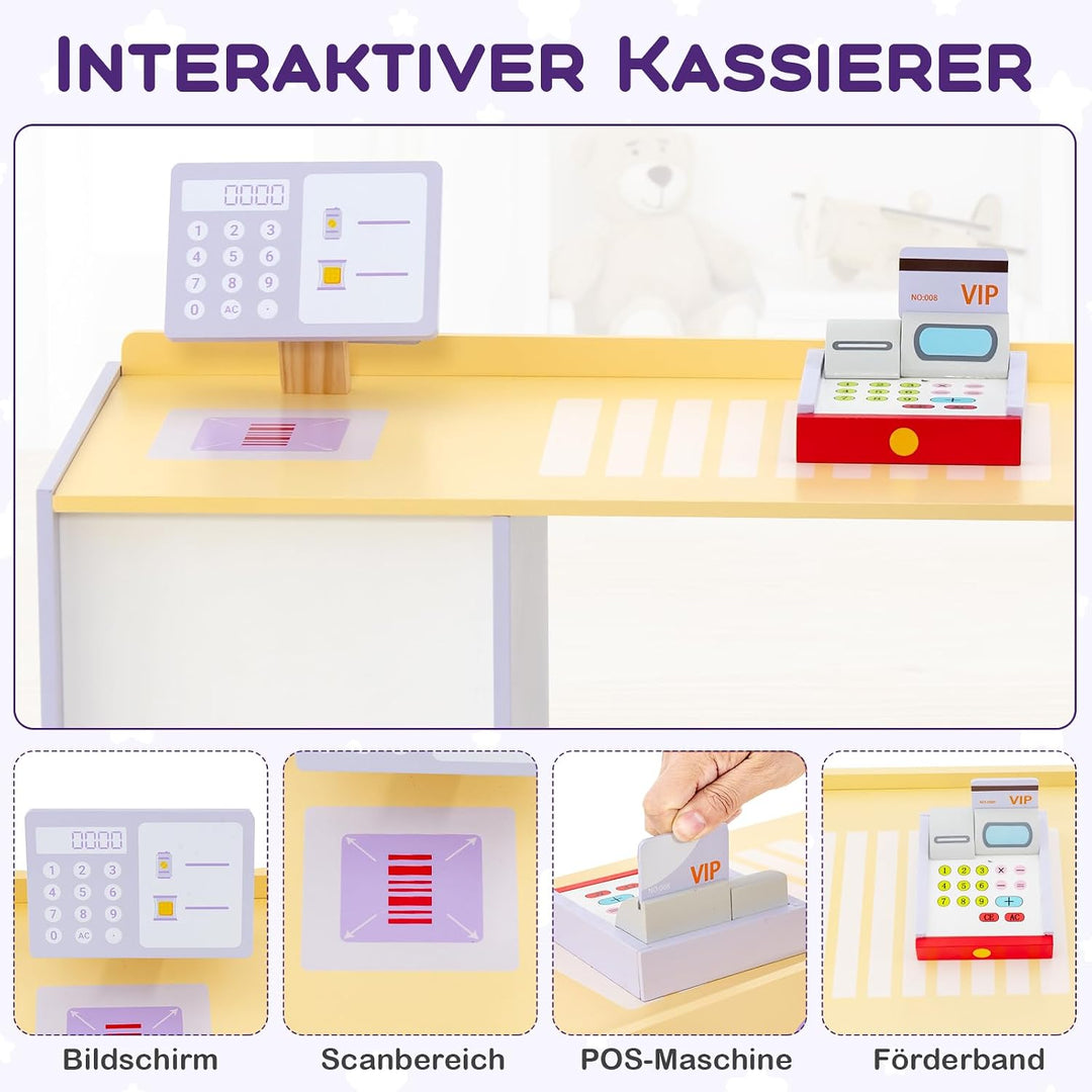 COSTWAY Kinder Kaufladen, Kaufmannsladen aus Holz mit Seitentheke, Supermarkt-Set mit Kasse, POS-Mas