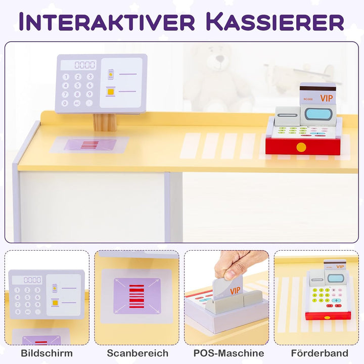 COSTWAY Kinder Kaufladen, Kaufmannsladen aus Holz mit Seitentheke, Supermarkt-Set mit Kasse, POS-Mas