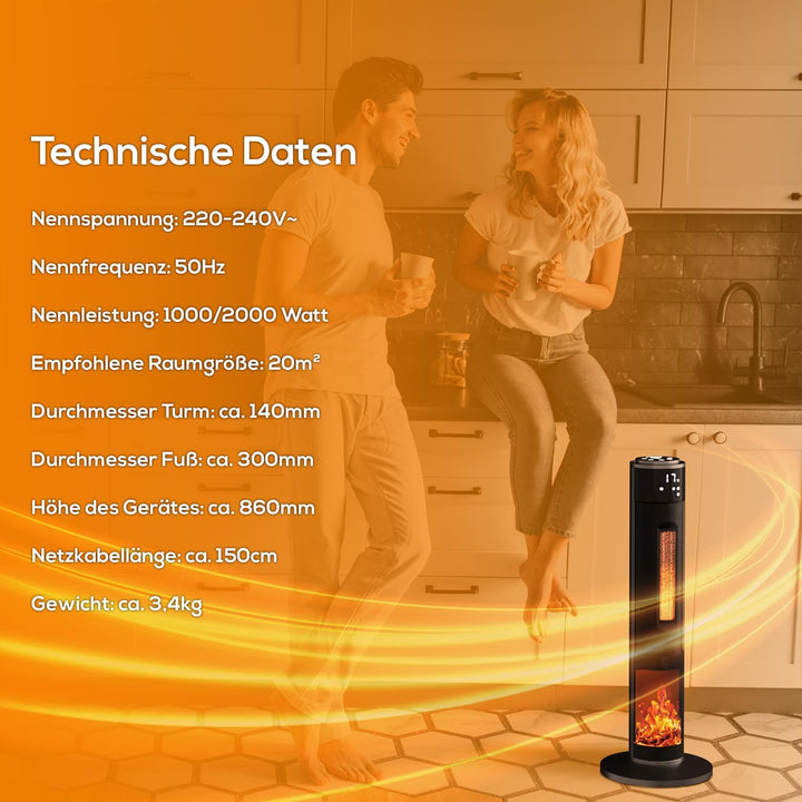 Tronitechnik® Heizlüfter Turmheizstrahler 1000 / 2000W Heizstrahler Standheizstrahler mit Fernbedien