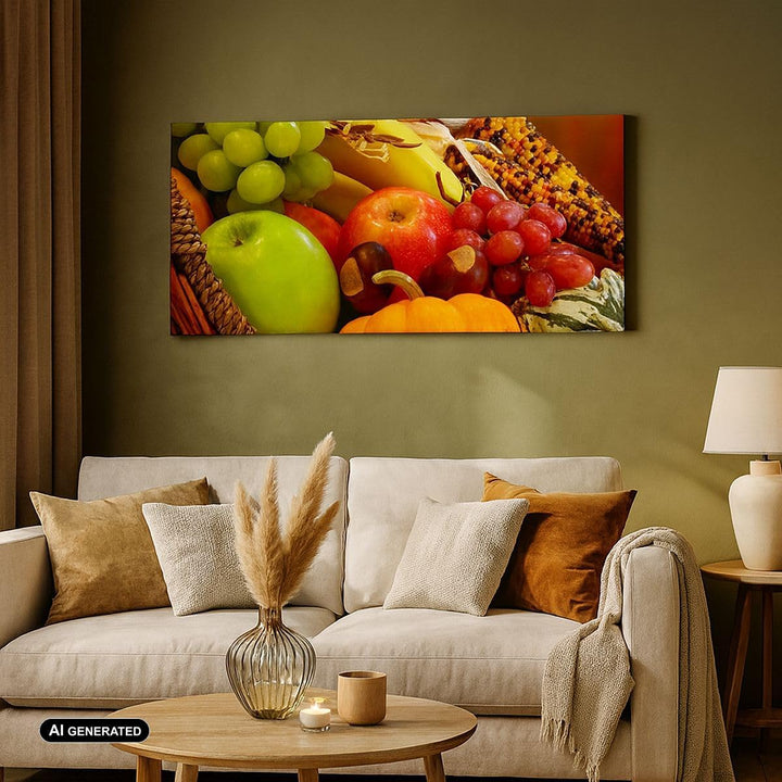 Wandbilder Dekoration Wohnzimmer Weidenkorb Obst Gemüse Panorama Bilder auf Leinwand 120x50cm Leinwa