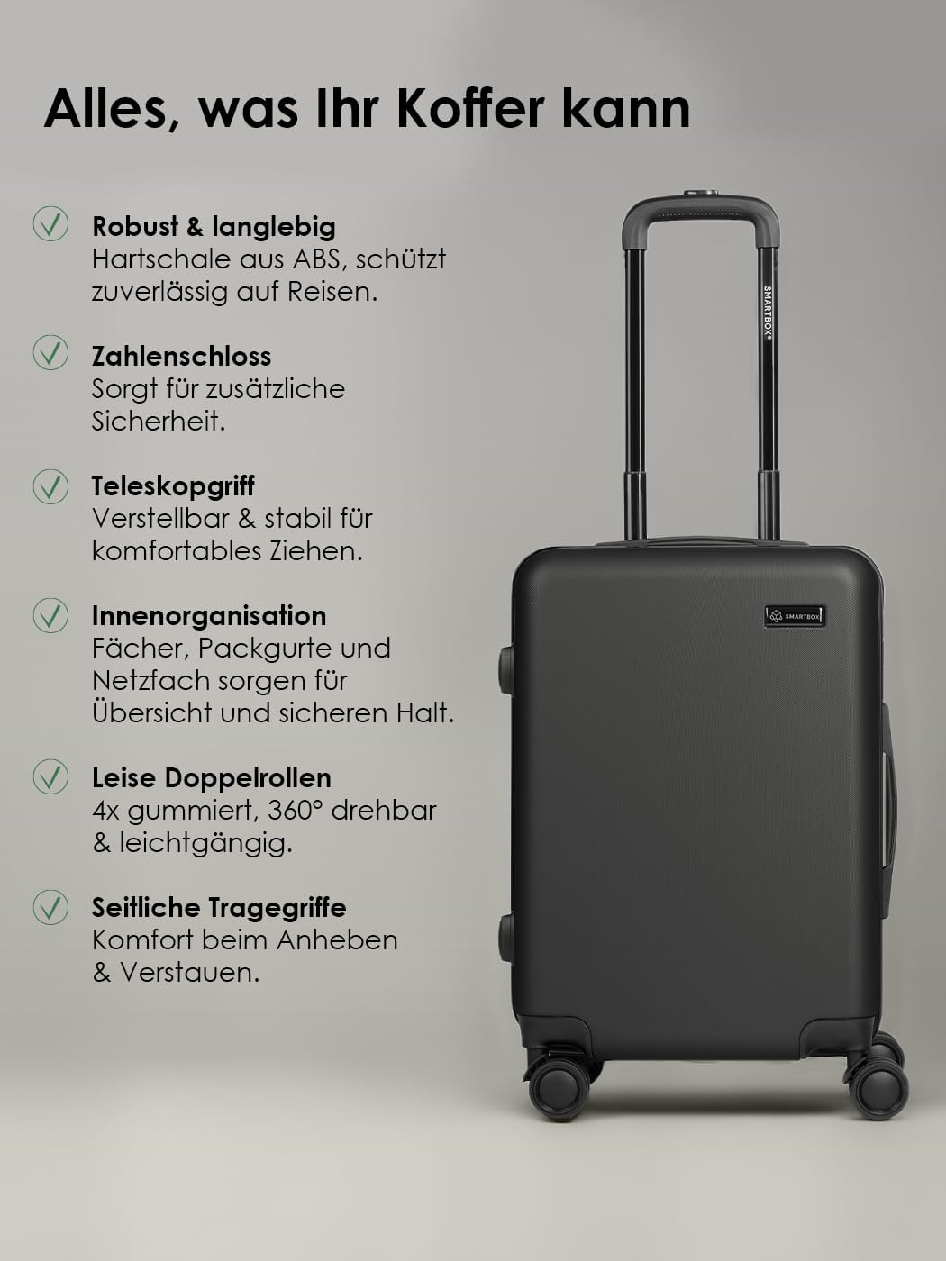 Smartbox Hartschalen Kabinen-Koffer für Damen &amp; Herren | Kleiner Trolley 40 x 23 x 55 cm aus hochwer