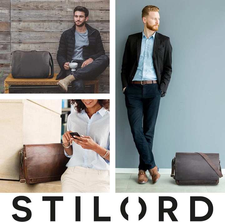 STILORD 'Rick' Schultertasche Leder für 15,6 Zoll Laptop Umhängetasche Aktentasche Bürotasche Unitas