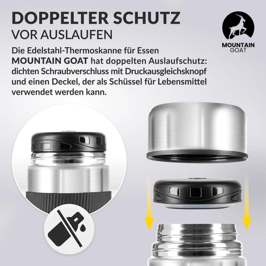 MOUNTAIN GOAT Thermobehälter für Essen 1L aus Edelstahl, Doppelwandig, Druckentlastungsventil, Isoli