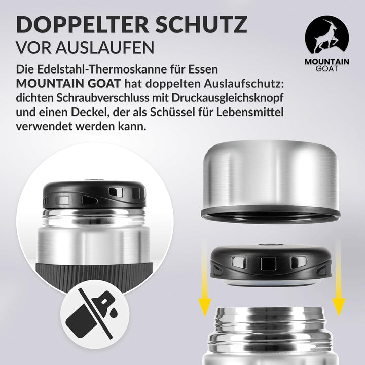 MOUNTAIN GOAT Thermobehälter für Essen 1L aus Edelstahl, Doppelwandig, Druckentlastungsventil, Isoli