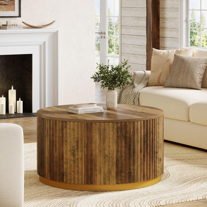 Tribesigns 80 cm runder Couchtisch, geriffelter Holztisch mit stabilem Trommelgestell, Wohnzimmertis