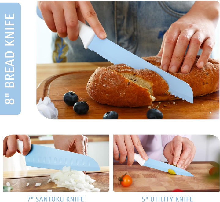 hecef 14-teilig Messerblock mit Messer, Blau, Antihaft-Beschichtung – Spülmaschinenfest, Messerblock