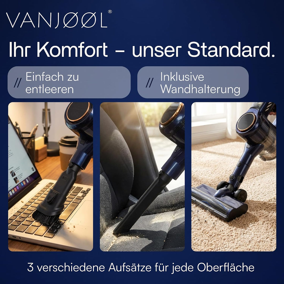 VANJOOL® Akku Staubsauger Kabellos 250W – 9 kPa Stielstaubsauger & Handstaubsauger – Beutelloser Sta