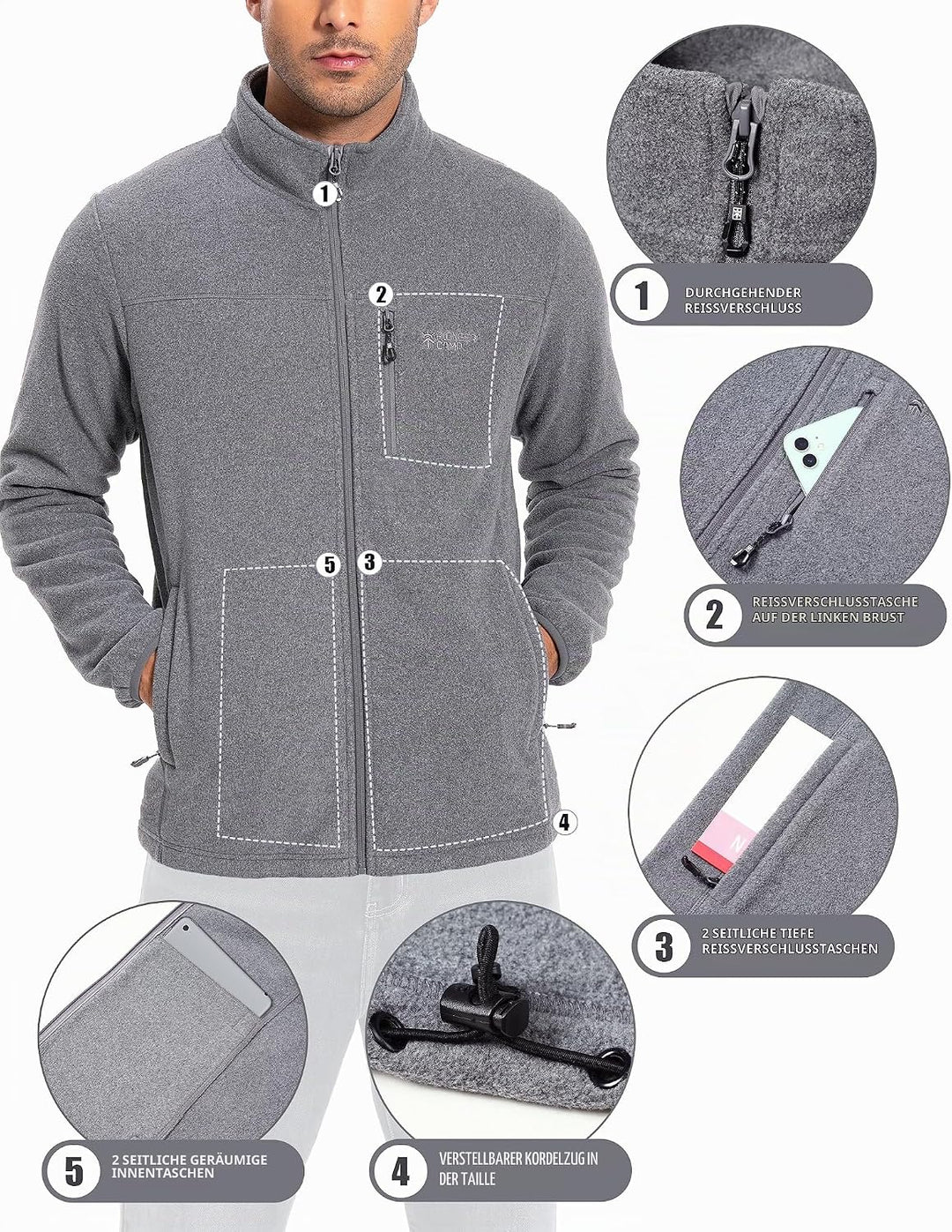 Pioneer Camp Herren Fleecejacke Full Zip Outdoor Polar Leicht Winddicht Jacke mit Reissverschluss, H