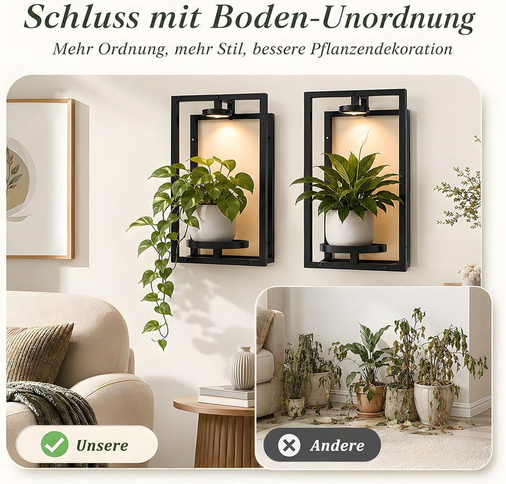 Wandbehang Pflanzgefässe mit Wachstumslicht 2 Set, Blumentopf Wand mit Metallrahmen und Fernbedienun