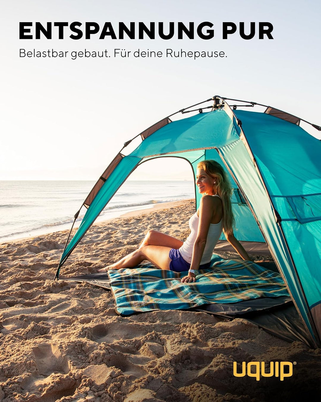 Uquip XL Buzzy Strandzelt mit UV Schutz 50+ Sonnenschutz, Windschutz oder Regenschutz für die ganze