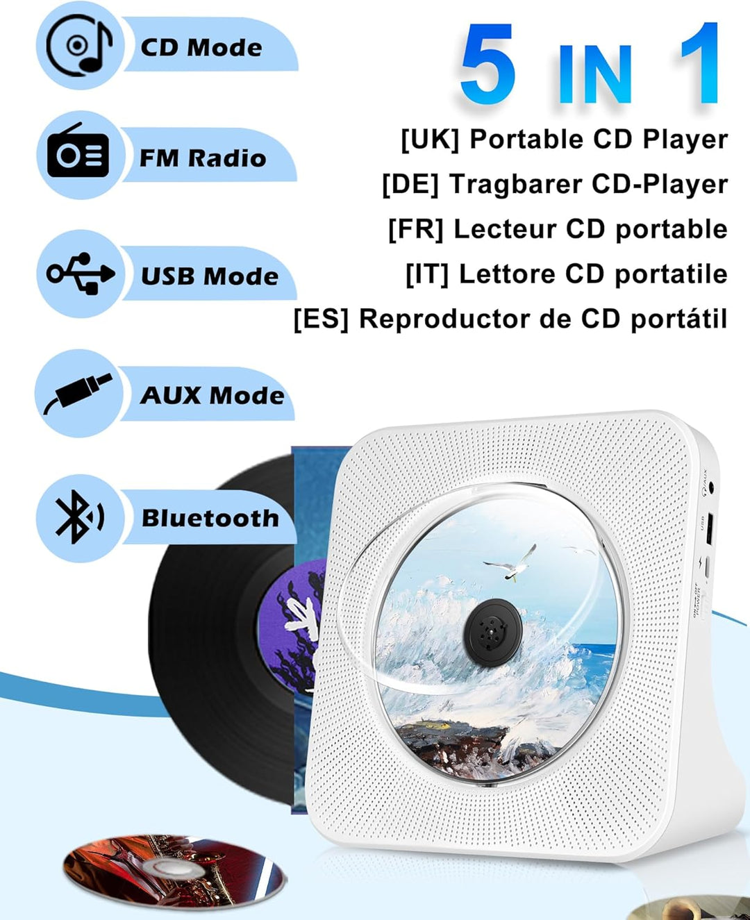 Wiederaufladbarer CD-Player Tragbare, Bluetooth CD-Player mit USB, AUX, FM Radio CD Player mit Gutem