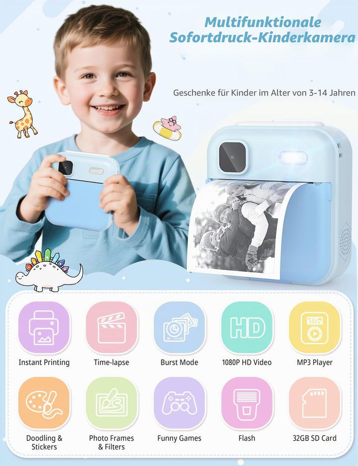 YOHOOLYO Sofortbildkamera Kinder 2,4 Zoll 1080P HD Kinderkamera mit 3 Rollen Druckpapier 32GB Karte
