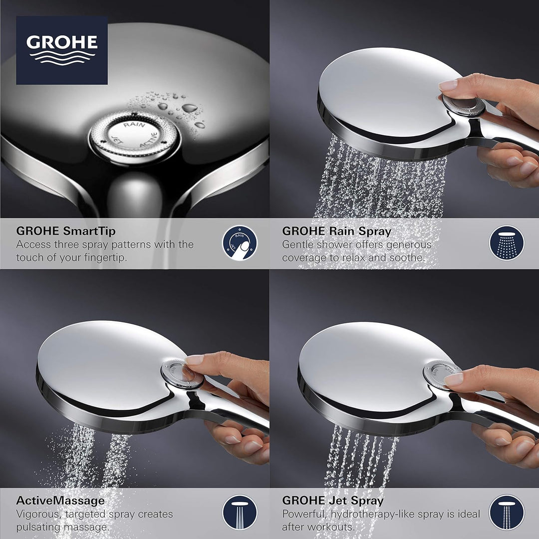 GROHE 26605000 Regendusche SmartActive Handbrause - 3 Sprühstösse, 1,75 gpm, Starlight Chrom Quadrat