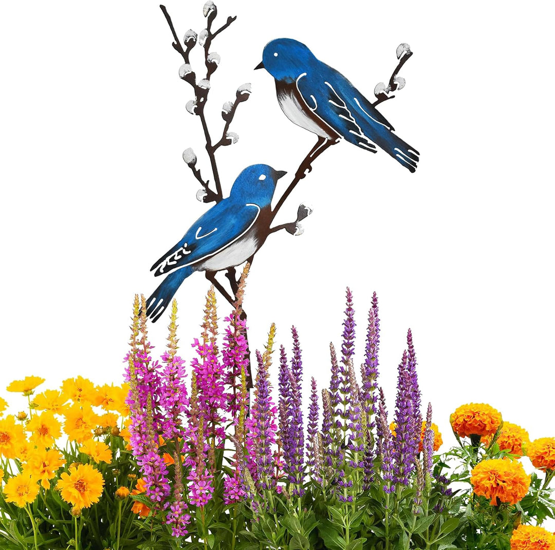 Vogel Gartenstecker 58cm Hoch Metall Bemalte Vogel Gartendeko für Draussen, Blaue Vögel auf Zweigen