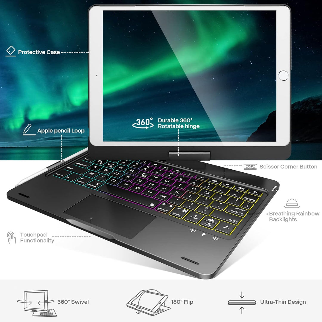 Schutzhülle für iPad 9. Generation mit Tastatur, 360° drehbar, Touchpad und 7 Farben Hintergrundbele