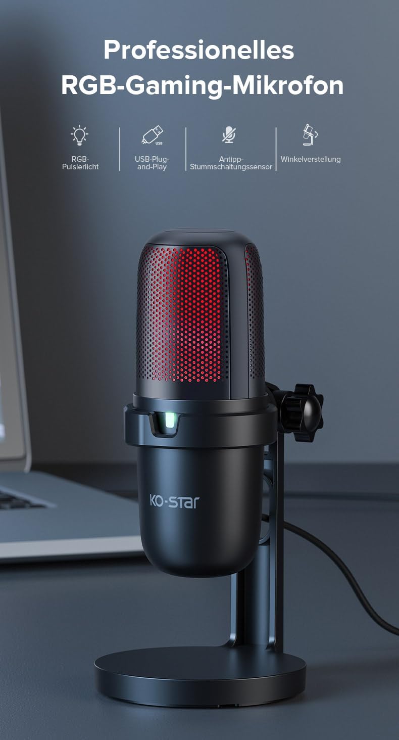KO-Star M-630S USB Gaming Mikrofon – RGB-Beleuchtung, Nierencharakteristik, Touch-Stummschaltung, Pl