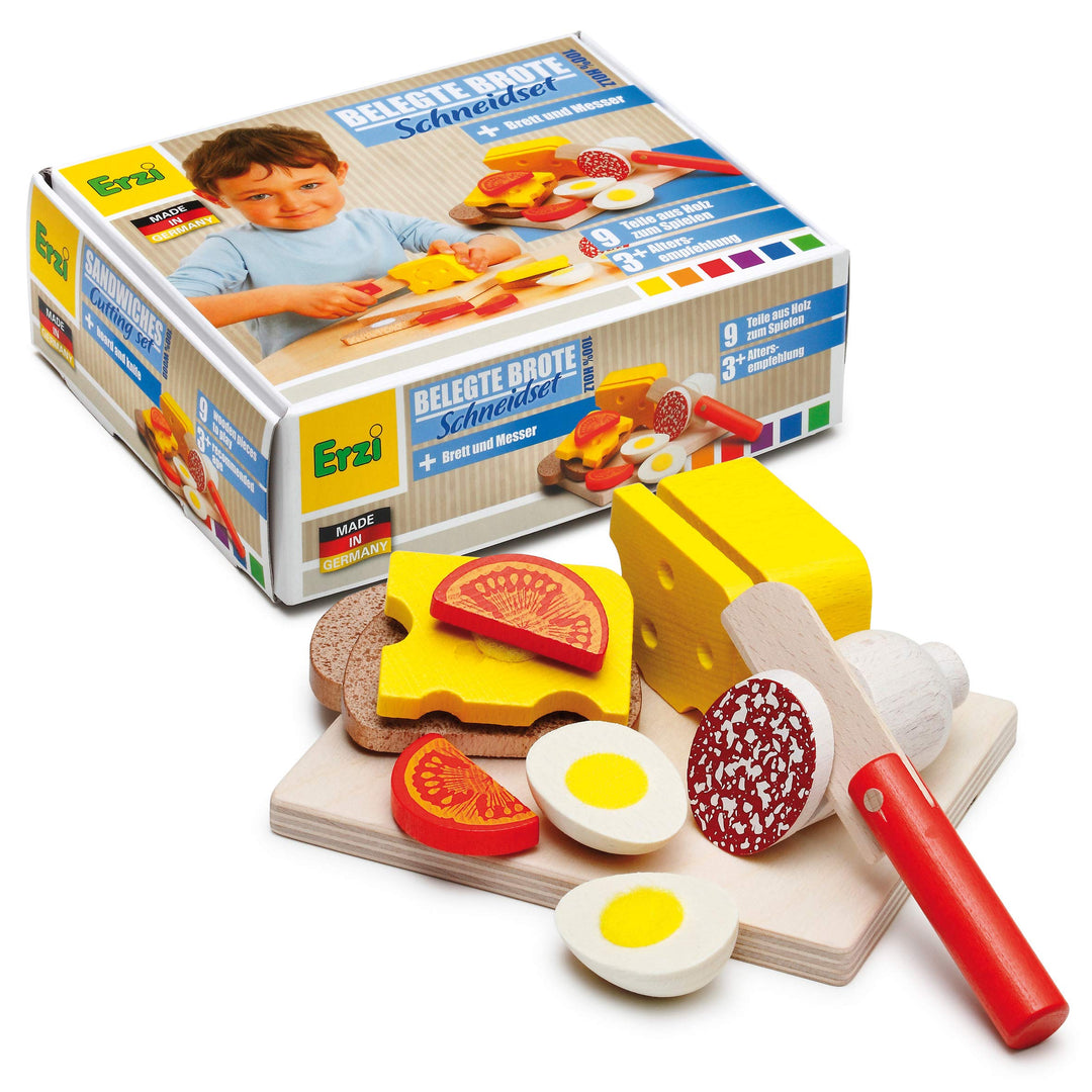 Erzi 28205 Schneidset Belegte Brote aus Holz, Kaufladenartikel für Kinder, Rollenspiele
