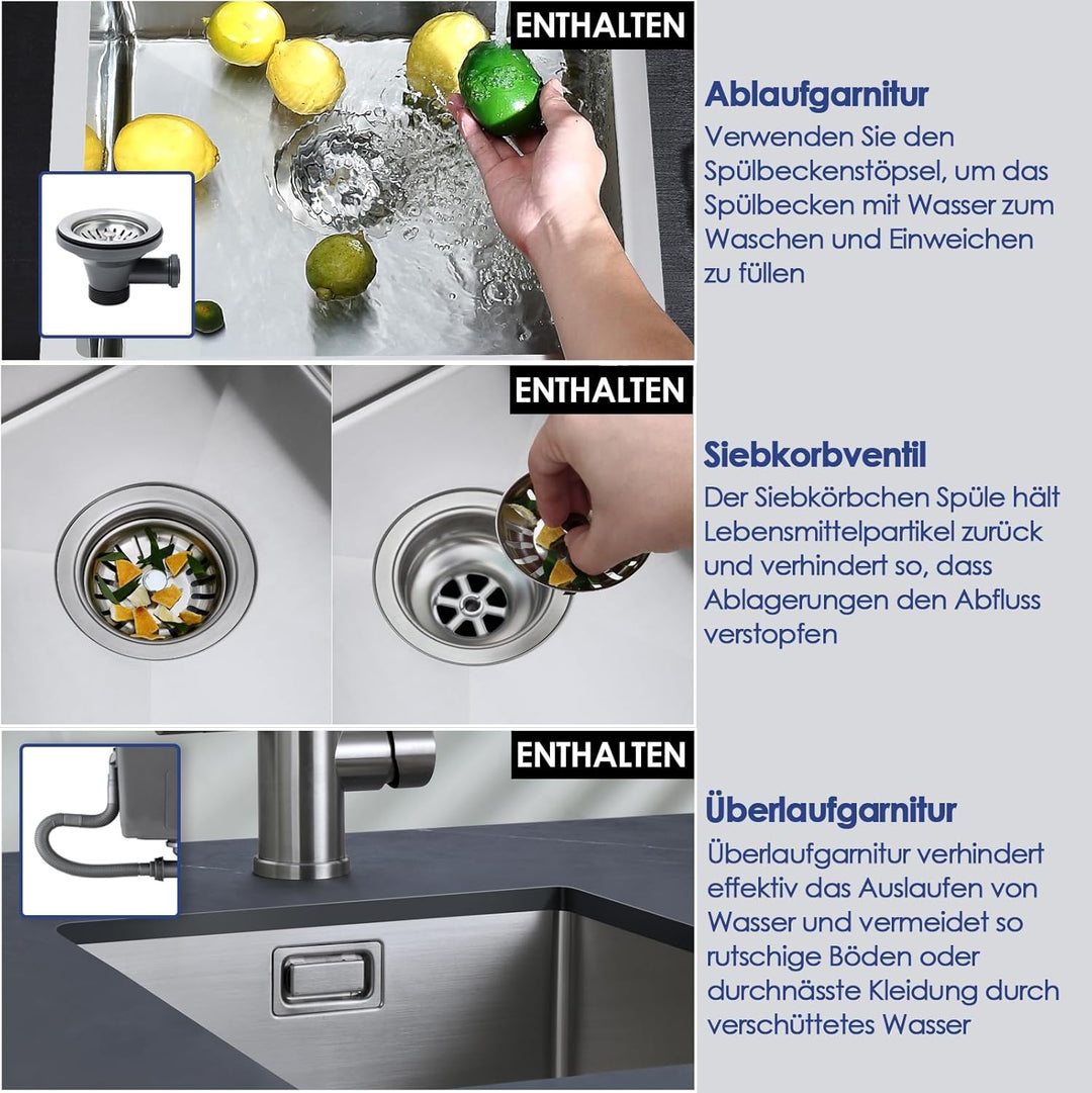 ROVOGO 304 Edelstahl Spülbecken Klein 40 x 34 cm, Schmal Spüle Küche mit Siebkorbventil und Überlauf
