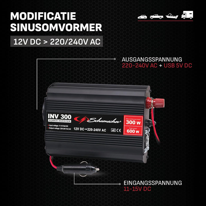 Schumacher INV 300 Spannungswandler Modifizierter Sinus-Wechselrichter 12V DC > 220V/240V AC - Dauer