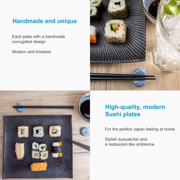INTIRILIFE Sushi Platte Servier Teller aus Porzellan in Schwarz - 26 x 23.4 x 3.8 cm - Japanisches S