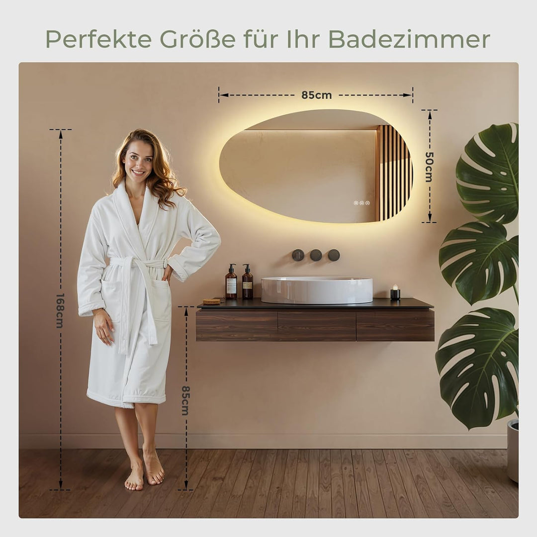 S'AFIELINA Spiegel mit Beleuchtung Asymmetrischer LED Badspiegel 85 × 50 × 2,5 cm (H × B × T) mit To